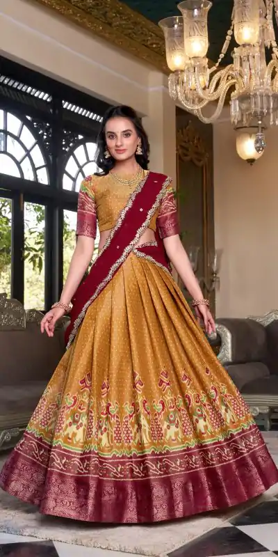 LNB 1240 Mustard Kanchipuram With Embroidery Work & Zari Work Lehenga Choli ₹2499 on Availablely. Delivery 4-6 Working Days. Shop now. | Lehenga, Bollywood Lehenga, Creative Lehenga, Designer Lehenga, Embroidered Lehenga, Party Wear Lehenga