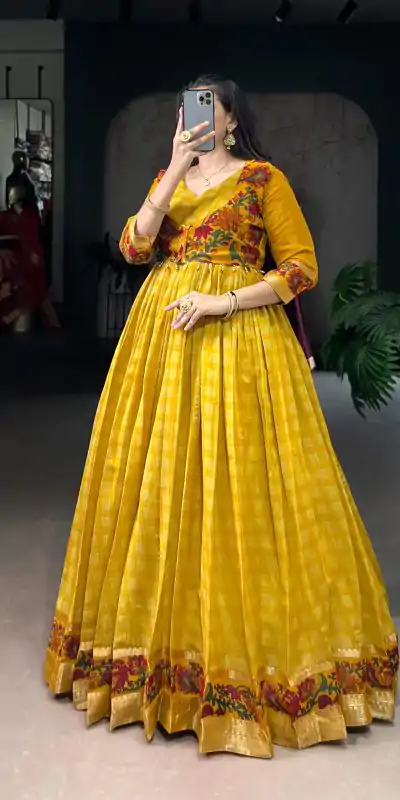 YNF 5034 Mustard Polyester Viscose Chanderi Zari Work & Lace Work Gown in . Affordable Price ₹1799. Delivery 4-6 Working Days. Shop now. | Gowns, Bollywood Gowns, Creative Gowns, Designer Gowns, Embroidered Gowns, Party Wear Gowns
