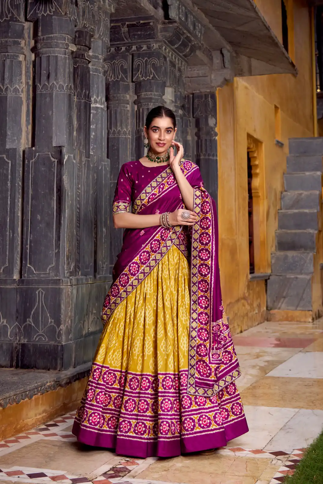 Mustard Tasar Silk Sequins Embroidery Work Lehenga Choli