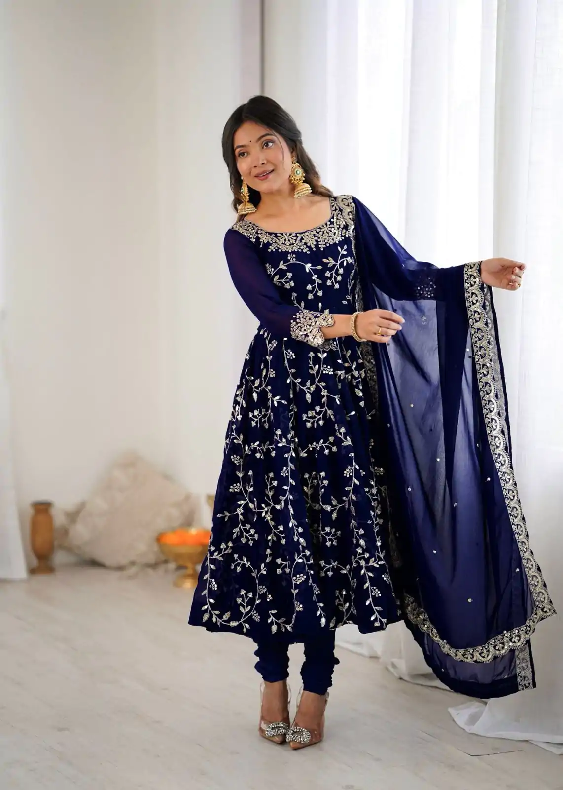 SRK 5299 Navy Blue Faux Georgette With Sequence Work Perfect for Wedding, , Lohri, Temple Visit, Ganesh Chaturthi Festive, Events, 4-6 Working Days At 2149 | Gowns, Bollywood Gowns, Creative Gowns, Designer Gowns, Embroidered Gowns, Party Wear Gowns
