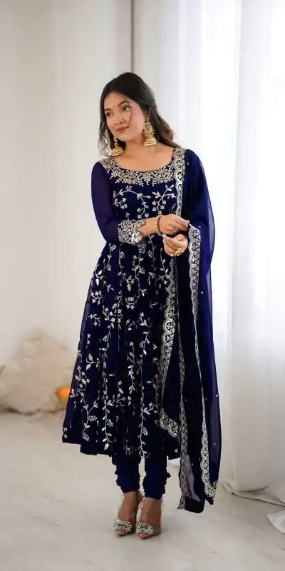 SRK 5299 Navy Blue Faux Georgette With Sequence Work Perfect for Wedding, , Lohri, Temple Visit, Ganesh Chaturthi Festive, Events, 4-6 Working Days At 2149 | Gowns, Bollywood Gowns, Creative Gowns, Designer Gowns, Embroidered Gowns, Party Wear Gowns