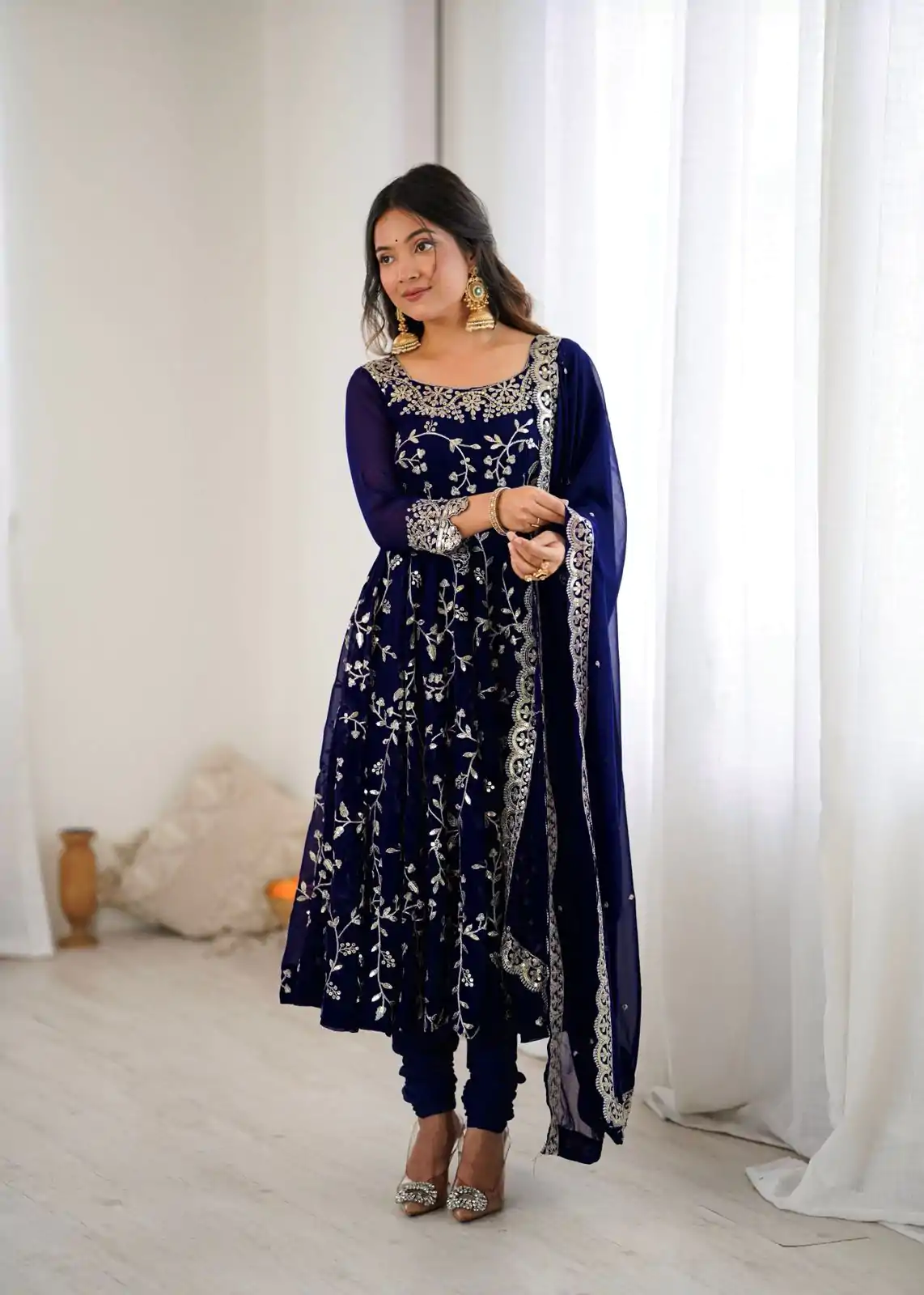 SRK 5299 Navy Blue Faux Georgette With Sequence Work Perfect for Wedding, , Lohri, Temple Visit, Ganesh Chaturthi Festive, Events, 4-6 Working Days At 2149 | Gowns, Bollywood Gowns, Creative Gowns, Designer Gowns, Embroidered Gowns, Party Wear Gowns