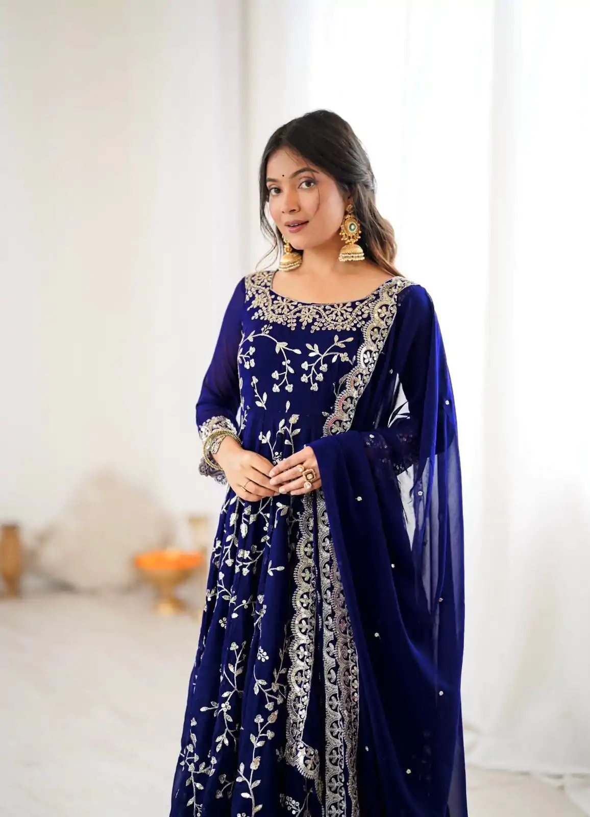 SRK 5299 Navy Blue Faux Georgette With Sequence Work Perfect for Wedding, , Lohri, Temple Visit, Ganesh Chaturthi Festive, Events, 4-6 Working Days At 2149 | Gowns, Bollywood Gowns, Creative Gowns, Designer Gowns, Embroidered Gowns, Party Wear Gowns