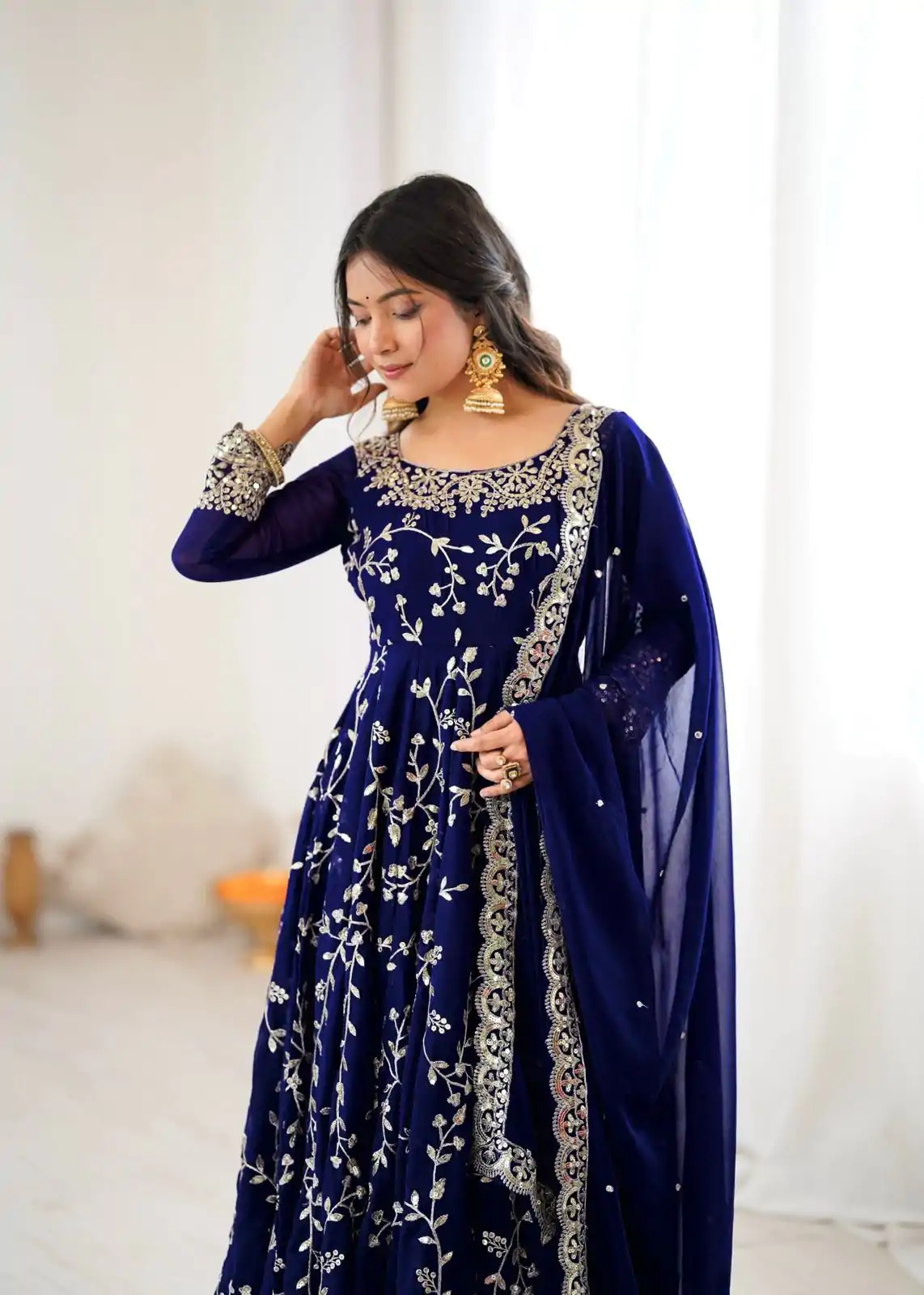 SRK 5299 Navy Blue Faux Georgette With Sequence Work Perfect for Wedding, , Lohri, Temple Visit, Ganesh Chaturthi Festive, Events, 4-6 Working Days At 2149 | Gowns, Bollywood Gowns, Creative Gowns, Designer Gowns, Embroidered Gowns, Party Wear Gowns