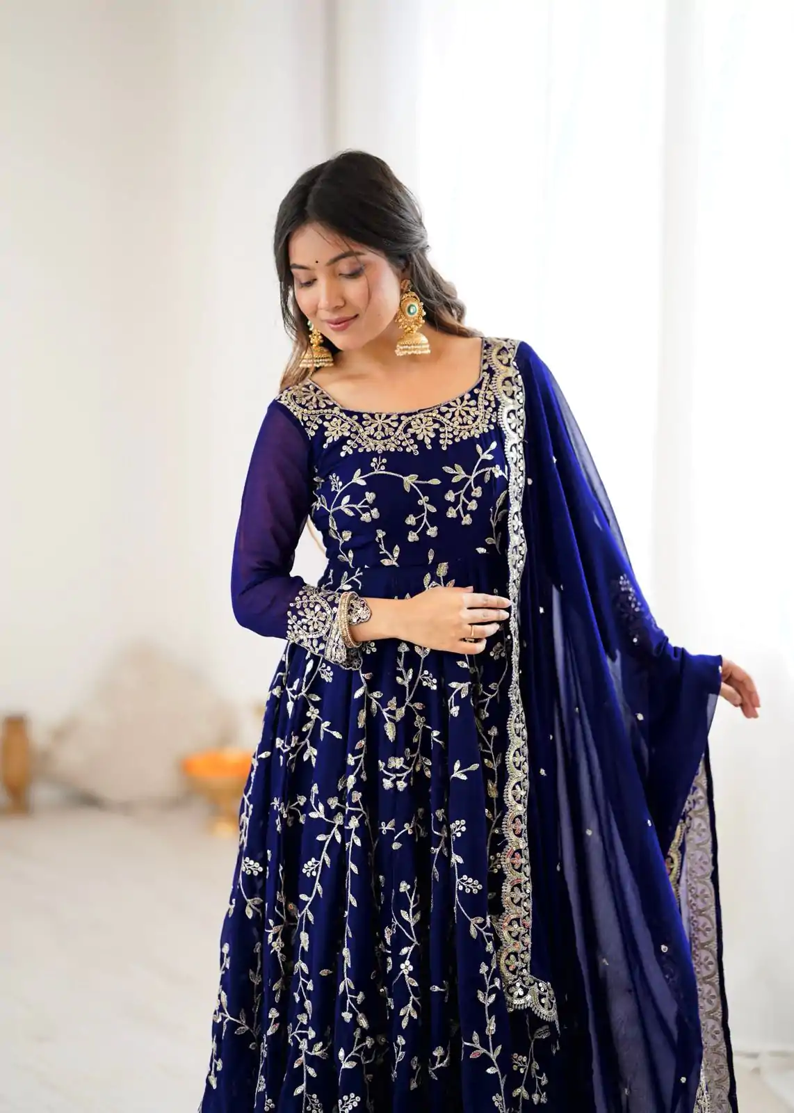 SRK 5299 Navy Blue Faux Georgette With Sequence Work Perfect for Wedding, , Lohri, Temple Visit, Ganesh Chaturthi Festive, Events, 4-6 Working Days At 2149 | Gowns, Bollywood Gowns, Creative Gowns, Designer Gowns, Embroidered Gowns, Party Wear Gowns