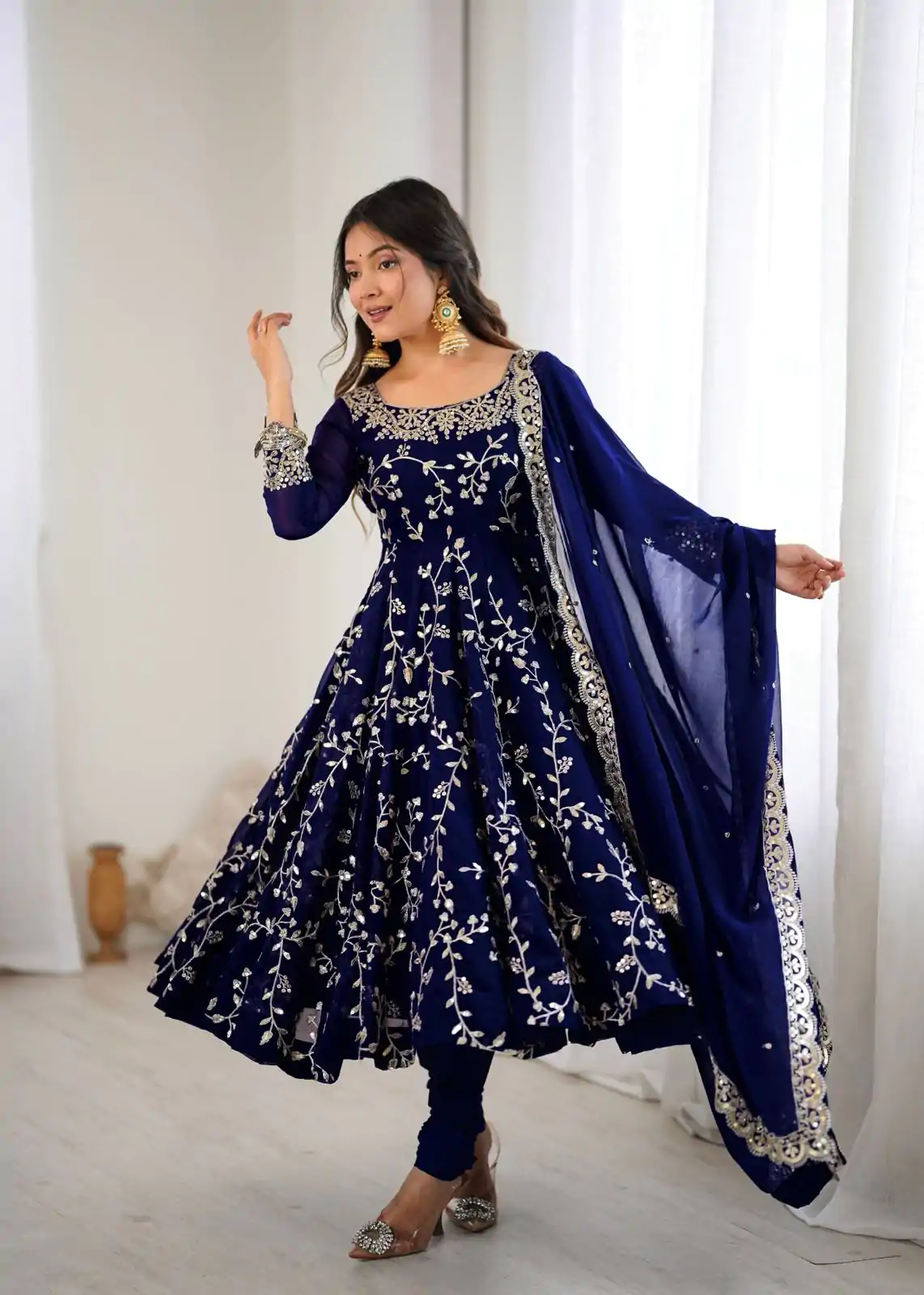 SRK 5299 Navy Blue Faux Georgette With Sequence Work Perfect for Wedding, , Lohri, Temple Visit, Ganesh Chaturthi Festive, Events, 4-6 Working Days At 2149 | Gowns, Bollywood Gowns, Creative Gowns, Designer Gowns, Embroidered Gowns, Party Wear Gowns