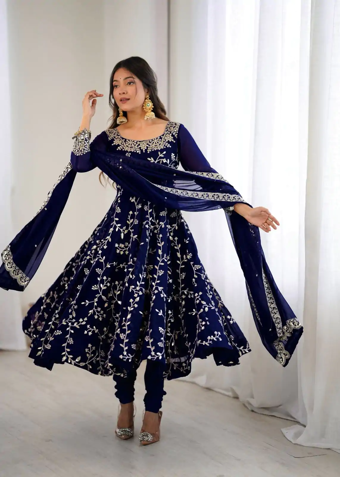 SRK 5299 Navy Blue Faux Georgette With Sequence Work Perfect for Wedding, , Lohri, Temple Visit, Ganesh Chaturthi Festive, Events, 4-6 Working Days At 2149 | Gowns, Bollywood Gowns, Creative Gowns, Designer Gowns, Embroidered Gowns, Party Wear Gowns