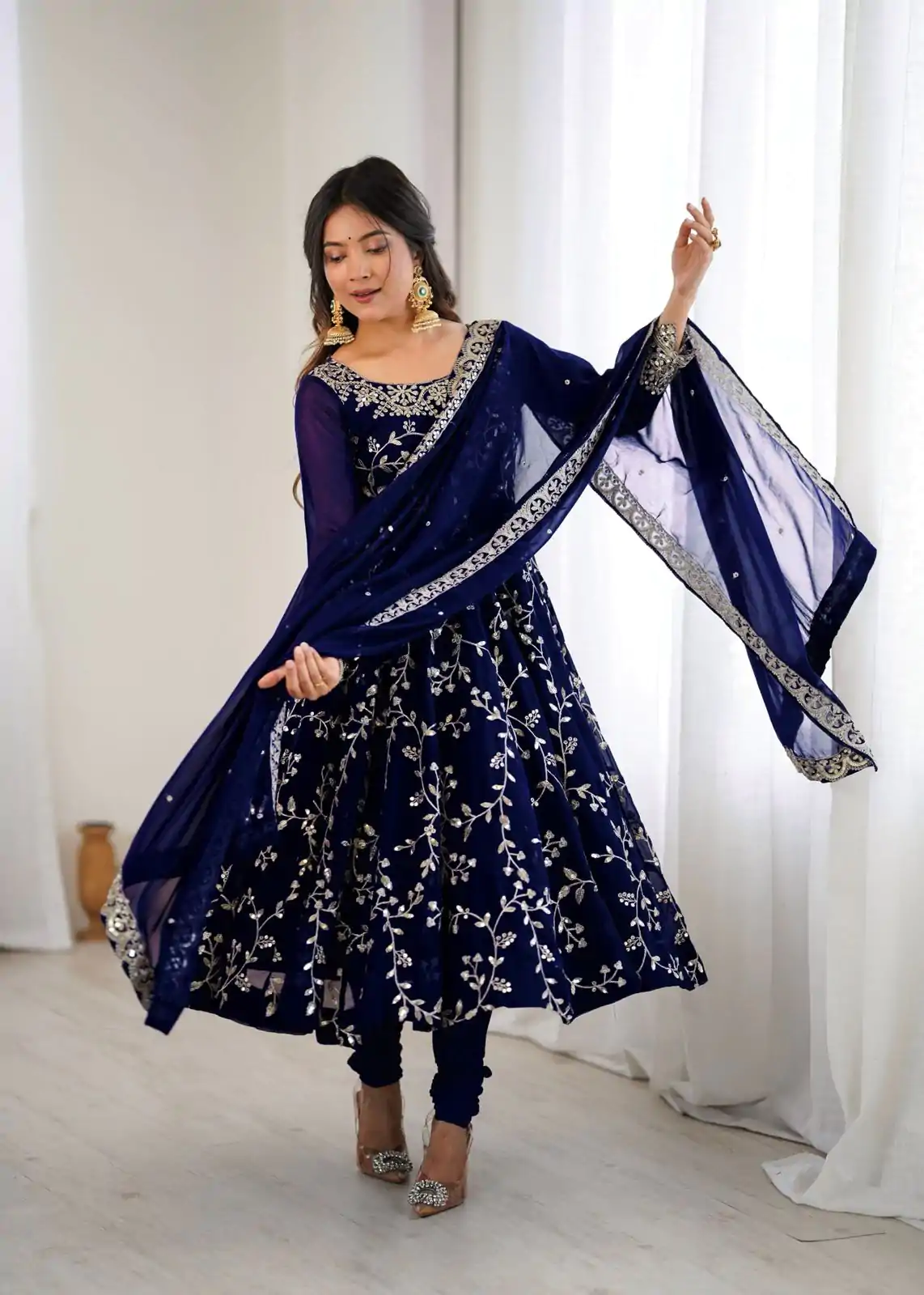 SRK 5299 Navy Blue Faux Georgette With Sequence Work Perfect for Wedding, , Lohri, Temple Visit, Ganesh Chaturthi Festive, Events, 4-6 Working Days At 2149 | Gowns, Bollywood Gowns, Creative Gowns, Designer Gowns, Embroidered Gowns, Party Wear Gowns