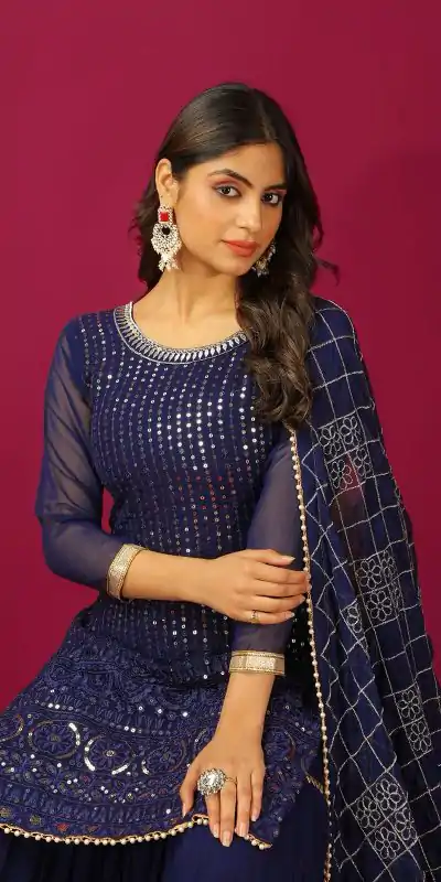 SR 1671 Navy Blue Georgette Salwar Suit Perfect for Wedding, Party, Cultural Events, Temple Visit, Lohri Now at just ₹1799. Delivery 4-6 Working Days. | Jump Suits, Tops & Bottoms, Track Suits, Salwar suit, Casual Suits, Creative suits, Designer Suits, Palazzo Suits, Party Wear Suits, Patiala Suits, Straight Suits, Trendy Wear