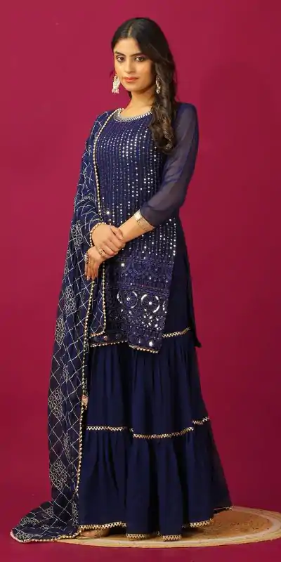 SR 1671 Navy Blue Georgette Salwar Suit Perfect for Wedding, Party, Cultural Events, Temple Visit, Lohri Now at just ₹1799. Delivery 4-6 Working Days. | Jump Suits, Tops & Bottoms, Track Suits, Salwar suit, Casual Suits, Creative suits, Designer Suits, Palazzo Suits, Party Wear Suits, Patiala Suits, Straight Suits, Trendy Wear