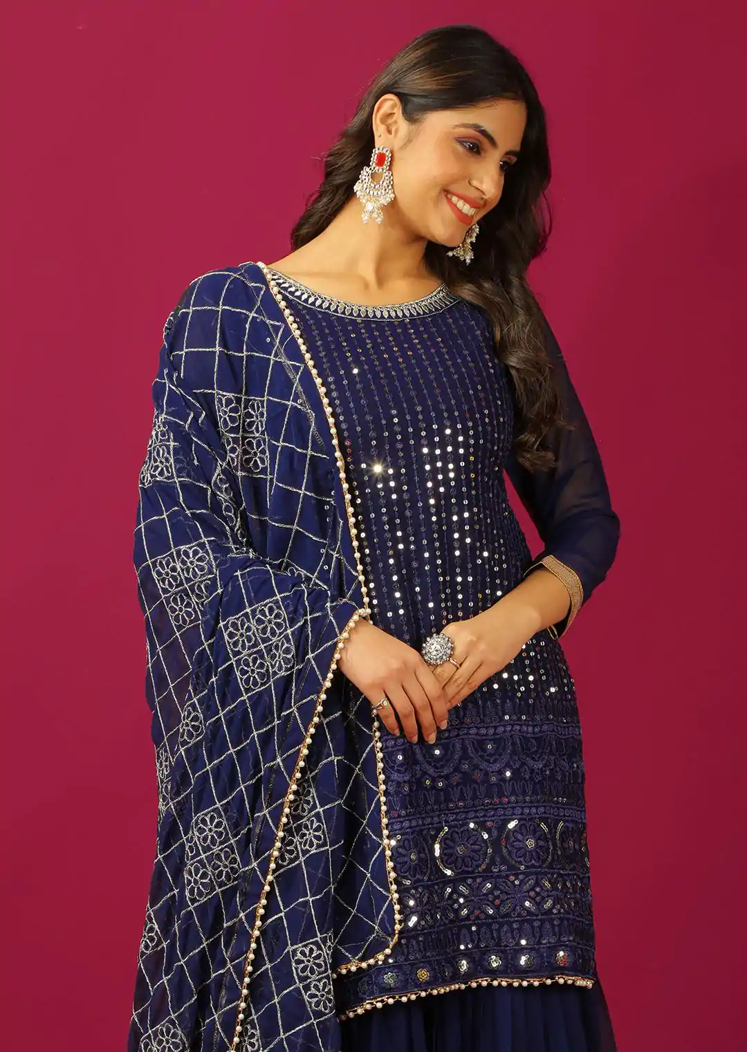 SR 1671 Navy Blue Georgette Salwar Suit Perfect for Wedding, Party, Cultural Events, Temple Visit, Lohri Now at just ₹1799. Delivery 4-6 Working Days. | Jump Suits, Tops & Bottoms, Track Suits, Salwar suit, Casual Suits, Creative suits, Designer Suits, Palazzo Suits, Party Wear Suits, Patiala Suits, Straight Suits, Trendy Wear
