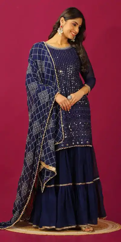 SR 1671 Navy Blue Georgette Salwar Suit Perfect for Wedding, Party, Cultural Events, Temple Visit, Lohri Now at just ₹1799. Delivery 4-6 Working Days. | Jump Suits, Tops & Bottoms, Track Suits, Salwar suit, Casual Suits, Creative suits, Designer Suits, Palazzo Suits, Party Wear Suits, Patiala Suits, Straight Suits, Trendy Wear