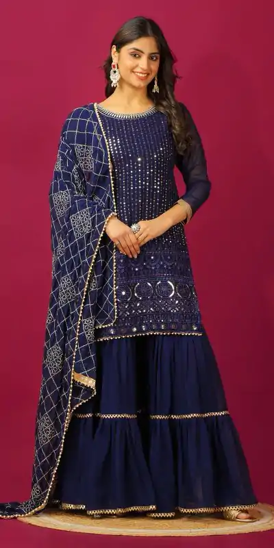 SR 1671 Navy Blue Georgette Salwar Suit Perfect for Wedding, Party, Cultural Events, Temple Visit, Lohri Now at just ₹1799. Delivery 4-6 Working Days. | Jump Suits, Tops & Bottoms, Track Suits, Salwar suit, Casual Suits, Creative suits, Designer Suits, Palazzo Suits, Party Wear Suits, Patiala Suits, Straight Suits, Trendy Wear