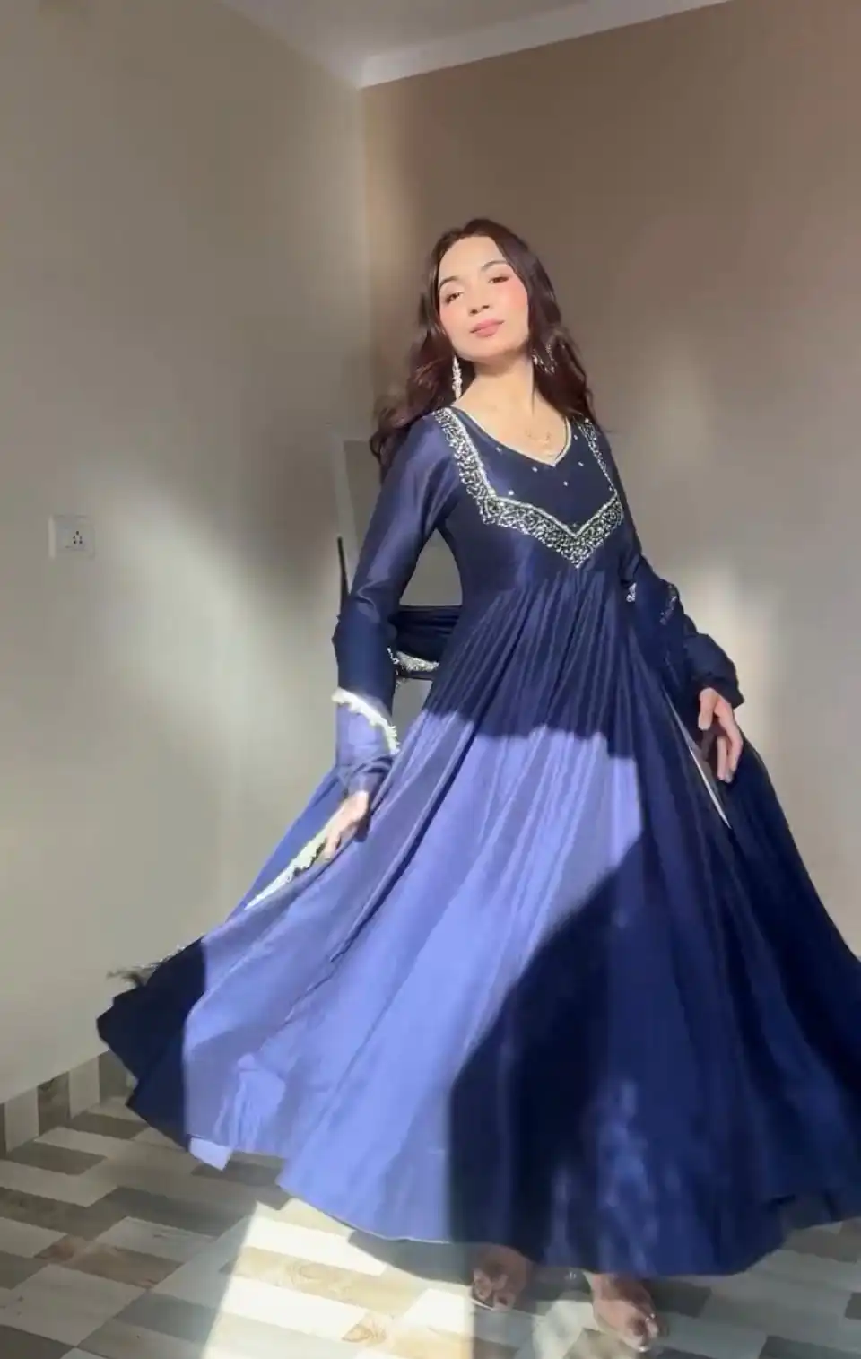 Navy Blue Star Georgette Embroidery Lace Work Gown - Image 3