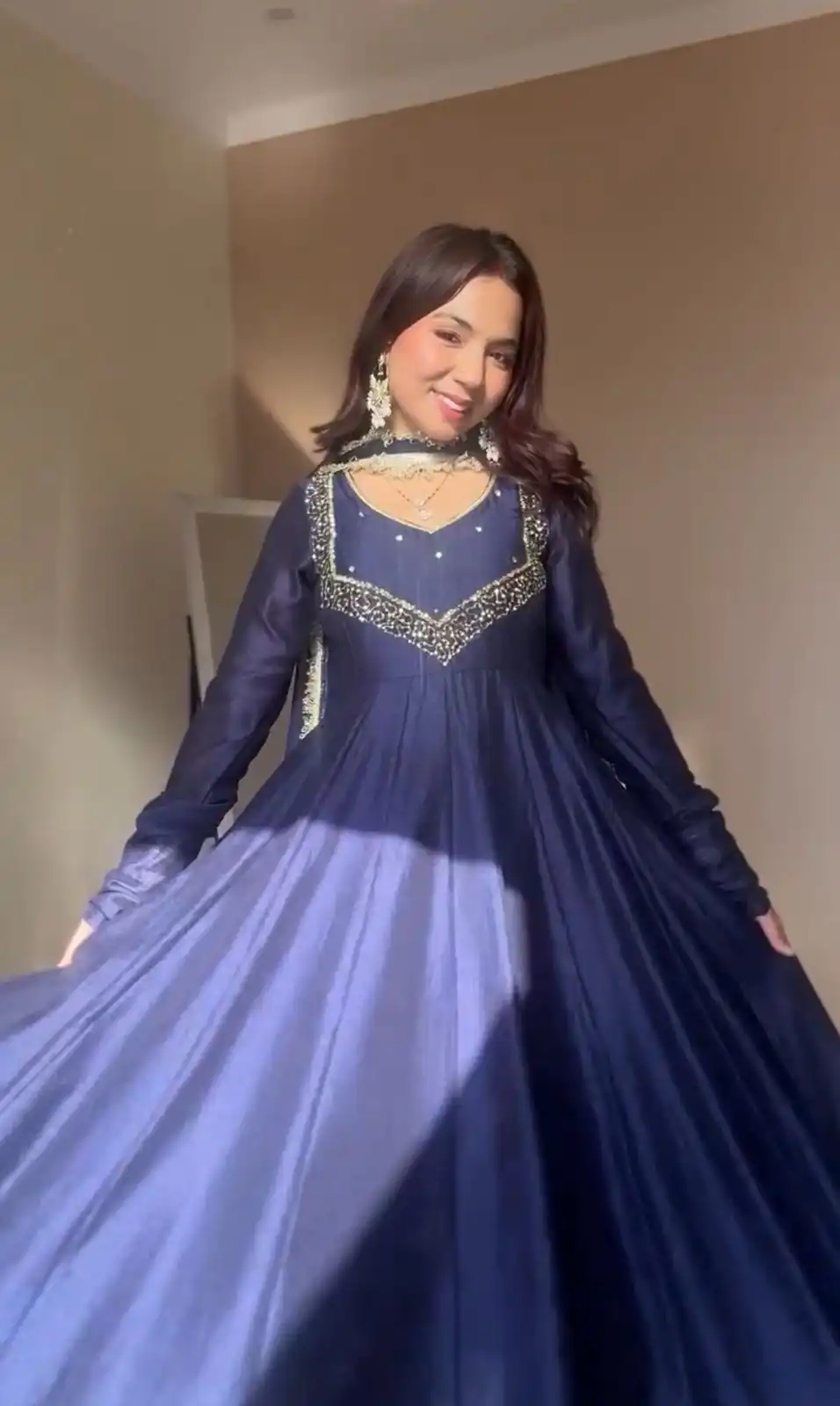 Navy Blue Star Georgette Embroidery Lace Work Gown - Image 2