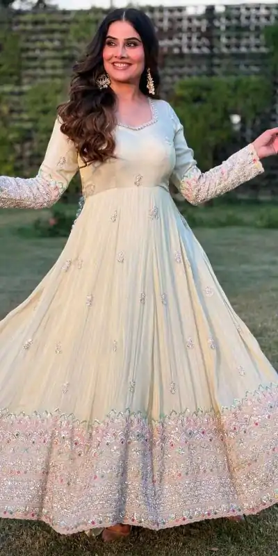 SSR 528 Off White Heavy Georgette With Heavy Embroidery Sequence Work Gown with Embroidery Work. Best Price ₹2399. Delivery 4-6 Working Days. | Gowns, Bollywood Gowns, Creative Gowns, Designer Gowns, Embroidered Gowns, Party Wear Gowns