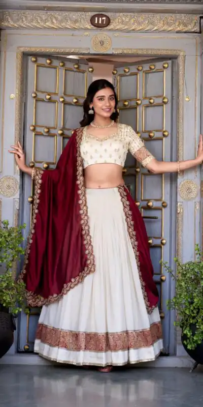 Off White Vichitra Silk Embroidery Zari Work Lehenga Choli