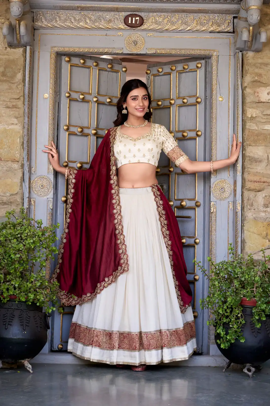 Off White Vichitra Silk Embroidery Zari Work Lehenga Choli