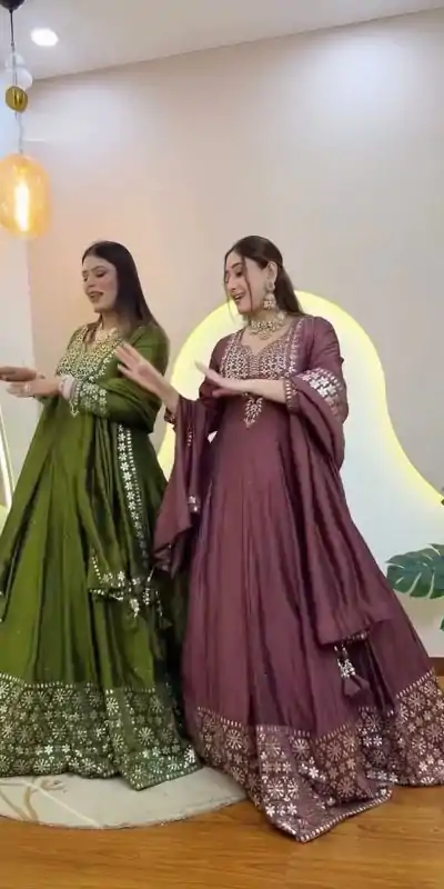 NSR 872 Onion Roman Simmer Silk With Fency Neck And Fecny Sleeve Gown with Embroidery Work & Lace Work. Available at ₹2449 only. Delivery 4-6 Wor | Gowns, Bollywood Gowns, Creative Gowns, Designer Gowns, Embroidered Gowns, Party Wear Gowns