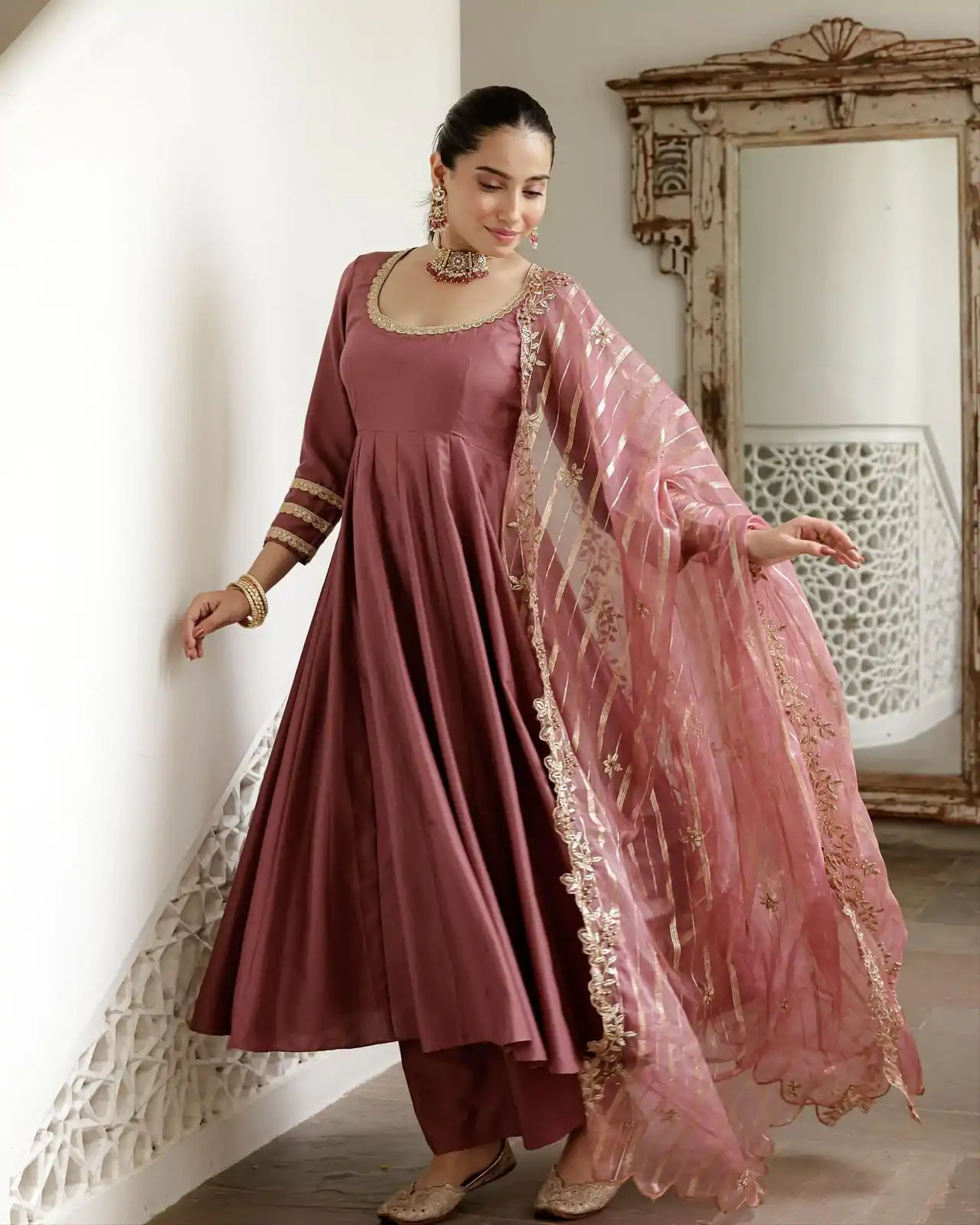 NSR 871 Onion Roman Simmer Silk With Fecny Sleeve with Lace Work & Embroidery Work Gown. Festive Deal ₹2999. Delivery 4-6 Working Days. Shop now. | Gowns, Bollywood Gowns, Creative Gowns, Designer Gowns, Embroidered Gowns, Party Wear Gowns