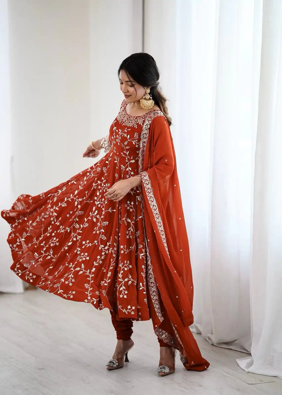 Orange Faux Georgette With Embroidery Gown - Image 3