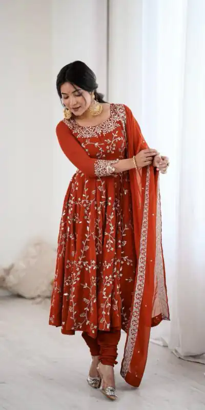 Orange Faux Georgette With Embroidery Gown