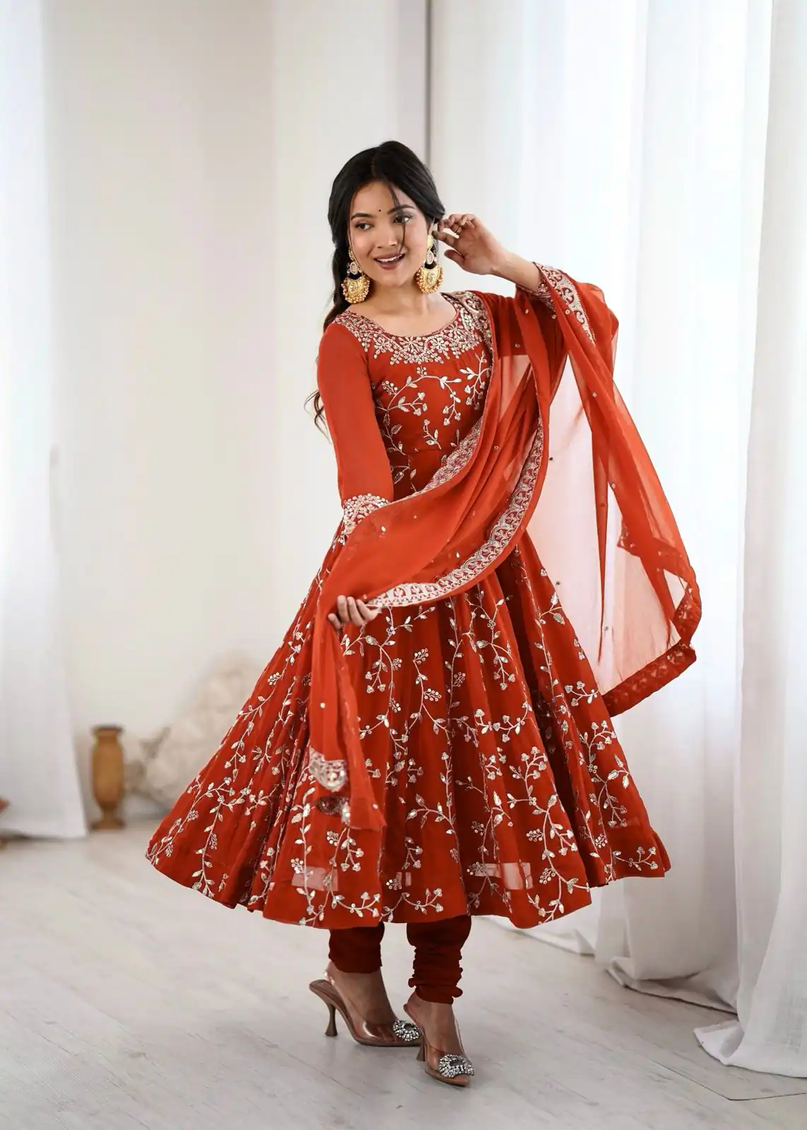 Orange Faux Georgette With Embroidery Gown - Image 8