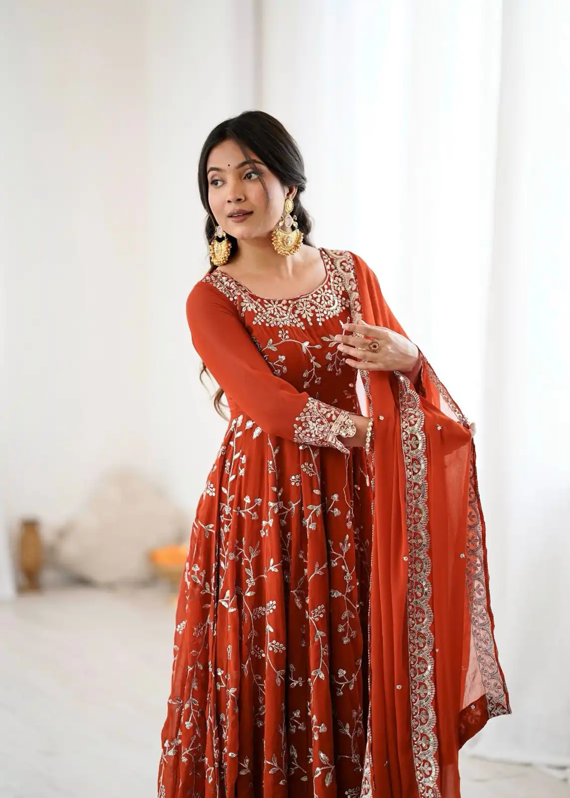 Orange Faux Georgette With Embroidery Gown - Image 6