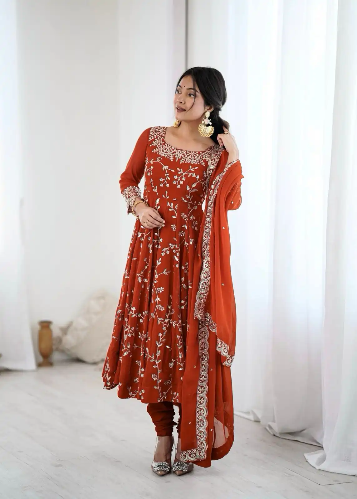 Orange Faux Georgette With Embroidery Gown - Image 4