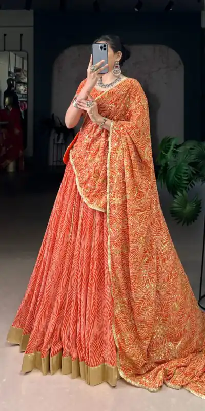 LNB 1701 Orange Color Georgette Bandhej Print And Embossed Lace Lehenga Choli Wedding, Party, Festive, Events Etc. Delivery 4-6 Working Days Rs 3999 | Lehenga, Bollywood Lehenga, Creative Lehenga, Designer Lehenga, Embroidered Lehenga, Party Wear Lehenga