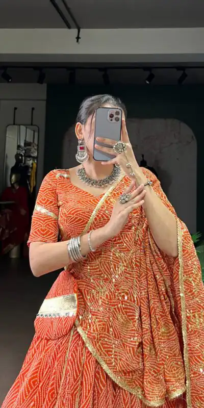 LNB 1701 Orange Color Georgette Bandhej Print And Embossed Lace Lehenga Choli Wedding, Party, Festive, Events Etc. Delivery 4-6 Working Days Rs 3999 | Lehenga, Bollywood Lehenga, Creative Lehenga, Designer Lehenga, Embroidered Lehenga, Party Wear Lehenga