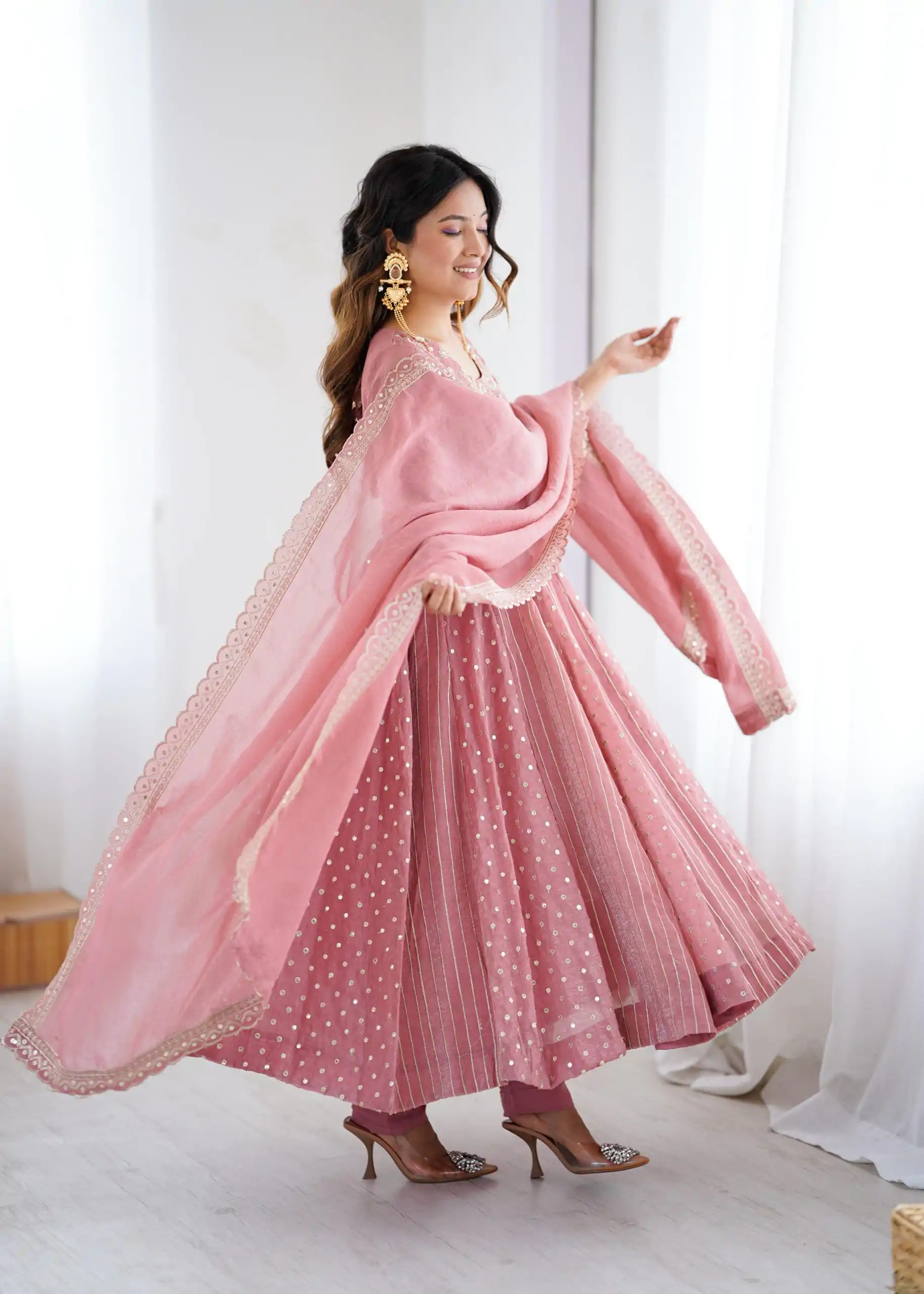 SRK 5293 Peach With Crunchy Silk With Fully Flair with Lace Work & Embroidery Work Anarkali Gown . Introductory Price ₹2149. Delivery 4-6 Worki | Gowns, Bollywood Gowns, Creative Gowns, Designer Gowns, Embroidered Gowns, Party Wear Gowns