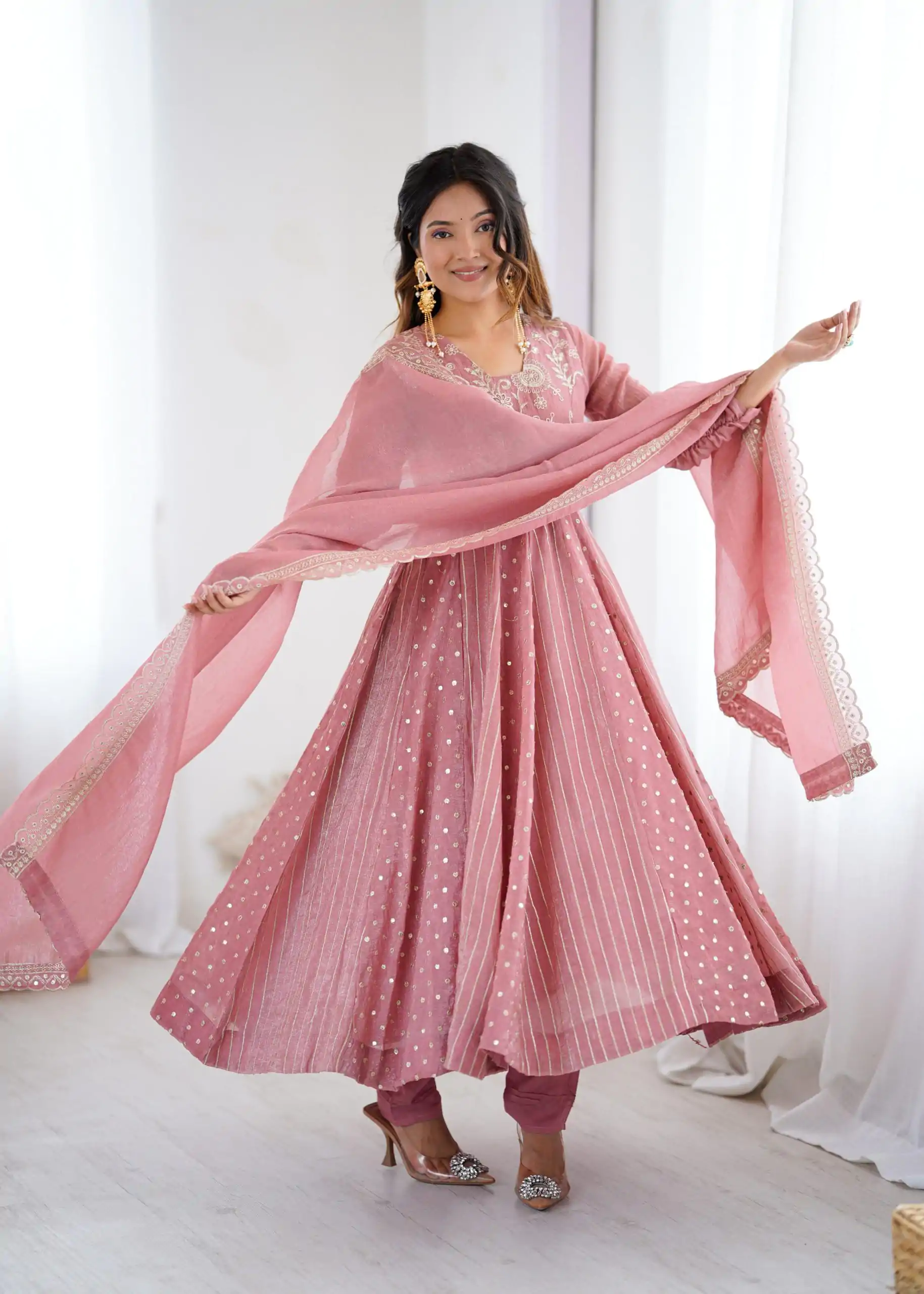 SRK 5293 Peach With Crunchy Silk With Fully Flair with Lace Work & Embroidery Work Anarkali Gown . Introductory Price ₹2149. Delivery 4-6 Worki | Gowns, Bollywood Gowns, Creative Gowns, Designer Gowns, Embroidered Gowns, Party Wear Gowns