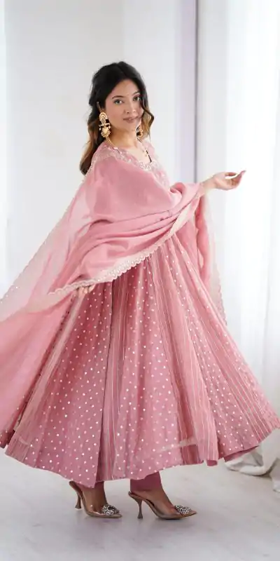 SRK 5293 Peach With Crunchy Silk With Fully Flair with Lace Work & Embroidery Work Anarkali Gown . Introductory Price ₹2149. Delivery 4-6 Worki | Gowns, Bollywood Gowns, Creative Gowns, Designer Gowns, Embroidered Gowns, Party Wear Gowns