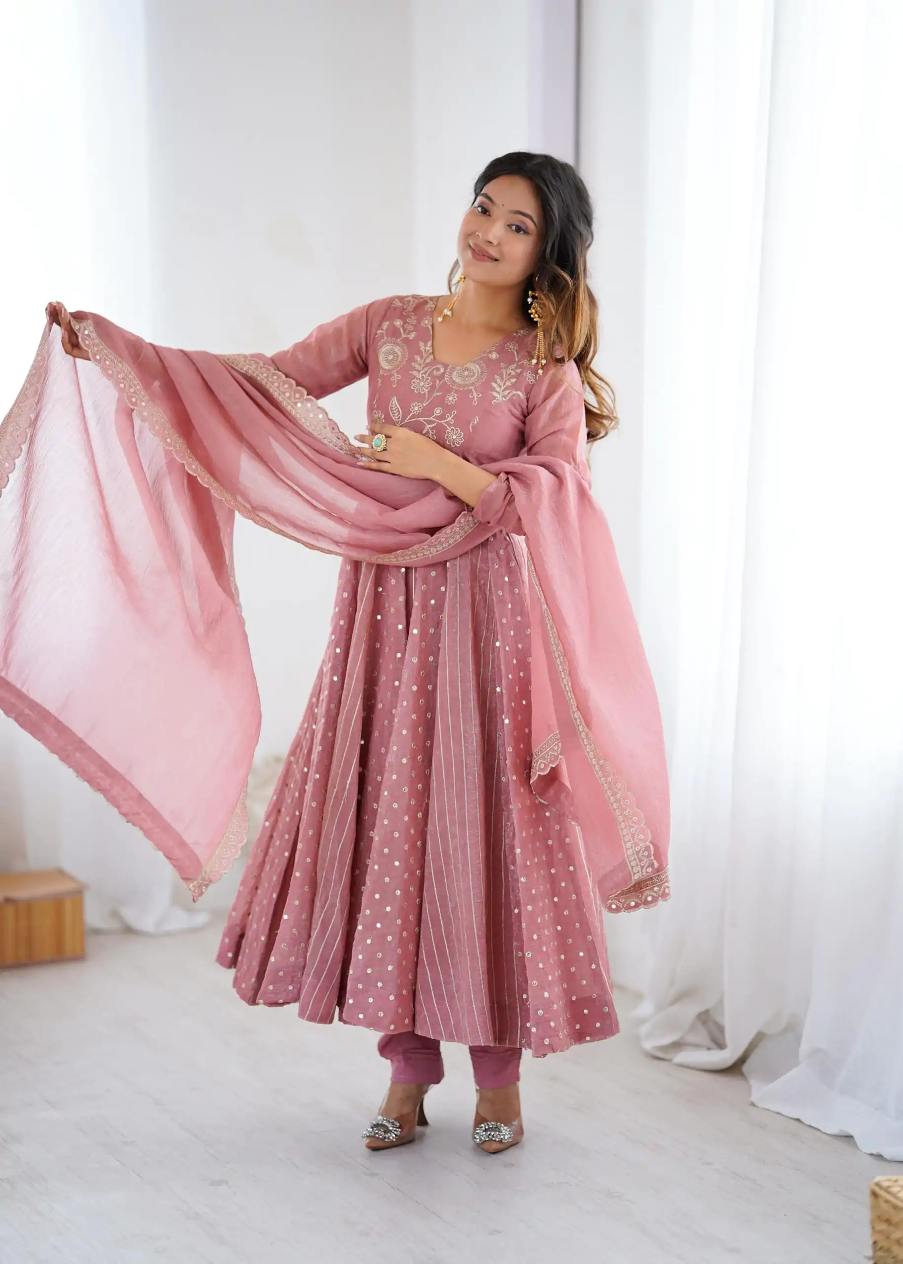 SRK 5293 Peach With Crunchy Silk With Fully Flair with Lace Work & Embroidery Work Anarkali Gown . Introductory Price ₹2149. Delivery 4-6 Worki | Gowns, Bollywood Gowns, Creative Gowns, Designer Gowns, Embroidered Gowns, Party Wear Gowns