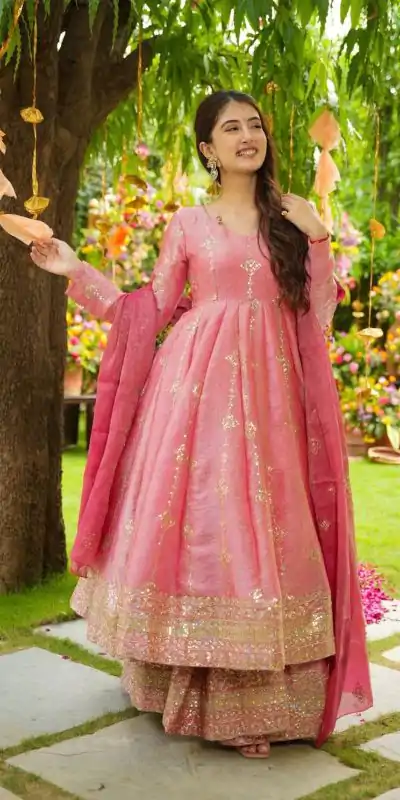 SSR 526 Peach Crunchy Silk With Heavy Embroidery Sequence Work With Fully Flair Salwar Suit Wedding, Party, Festive, Events, Now at just ₹2399. Delivery 4 | Jump Suits, Tops & Bottoms, Track Suits, Salwar suit, Casual Suits, Creative suits, Designer Suits, Palazzo Suits, Party Wear Suits, Patiala Suits, Straight Suits, Trendy Wear