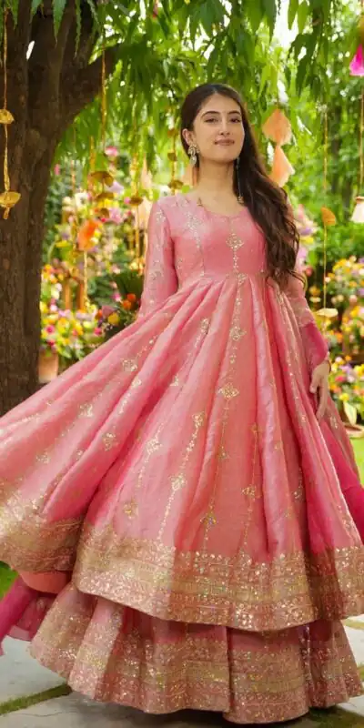 SSR 526 Peach Crunchy Silk With Heavy Embroidery Sequence Work With Fully Flair Salwar Suit Wedding, Party, Festive, Events, Now at just ₹2399. Delivery 4 | Jump Suits, Tops & Bottoms, Track Suits, Salwar suit, Casual Suits, Creative suits, Designer Suits, Palazzo Suits, Party Wear Suits, Patiala Suits, Straight Suits, Trendy Wear