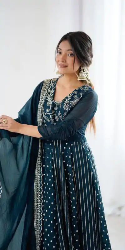 SRK 5293 Peacock Blue With Crunchy Silk With Fully Flair with Lace Work & Embroidery Work Anarkali Gown . Introductory Price ₹2149. Delivery 4-6 Worki | Gowns, Bollywood Gowns, Creative Gowns, Designer Gowns, Embroidered Gowns, Party Wear Gowns