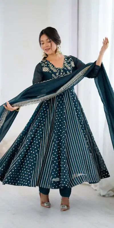 SRK 5293 Peacock Blue With Crunchy Silk With Fully Flair with Lace Work & Embroidery Work Anarkali Gown . Introductory Price ₹2149. Delivery 4-6 Worki | Gowns, Bollywood Gowns, Creative Gowns, Designer Gowns, Embroidered Gowns, Party Wear Gowns