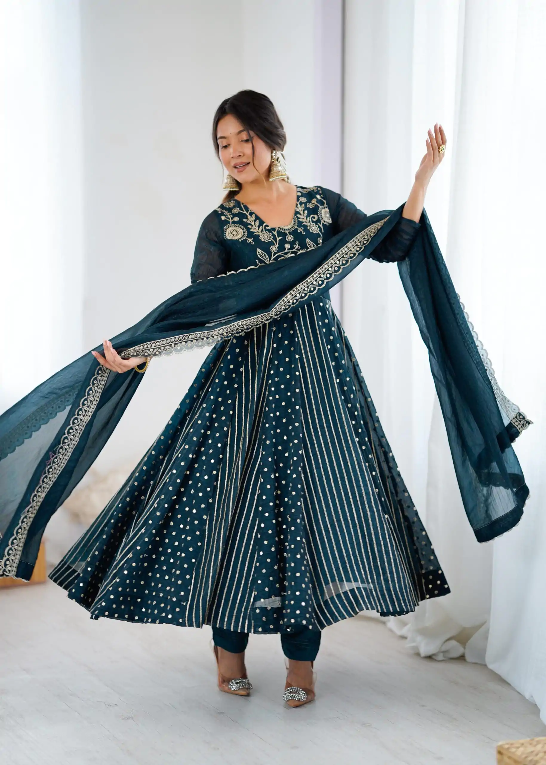 SRK 5293 Peacock Blue With Crunchy Silk With Fully Flair with Lace Work & Embroidery Work Anarkali Gown . Introductory Price ₹2149. Delivery 4-6 Worki | Gowns, Bollywood Gowns, Creative Gowns, Designer Gowns, Embroidered Gowns, Party Wear Gowns