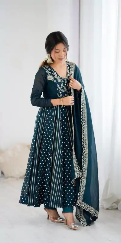 SRK 5293 Peacock Blue With Crunchy Silk With Fully Flair with Lace Work & Embroidery Work Anarkali Gown . Introductory Price ₹2149. Delivery 4-6 Worki | Gowns, Bollywood Gowns, Creative Gowns, Designer Gowns, Embroidered Gowns, Party Wear Gowns