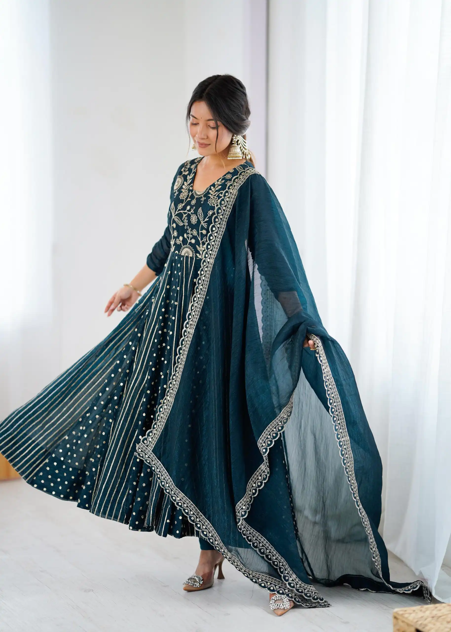 SRK 5293 Peacock Blue With Crunchy Silk With Fully Flair with Lace Work & Embroidery Work Anarkali Gown . Introductory Price ₹2149. Delivery 4-6 Worki | Gowns, Bollywood Gowns, Creative Gowns, Designer Gowns, Embroidered Gowns, Party Wear Gowns