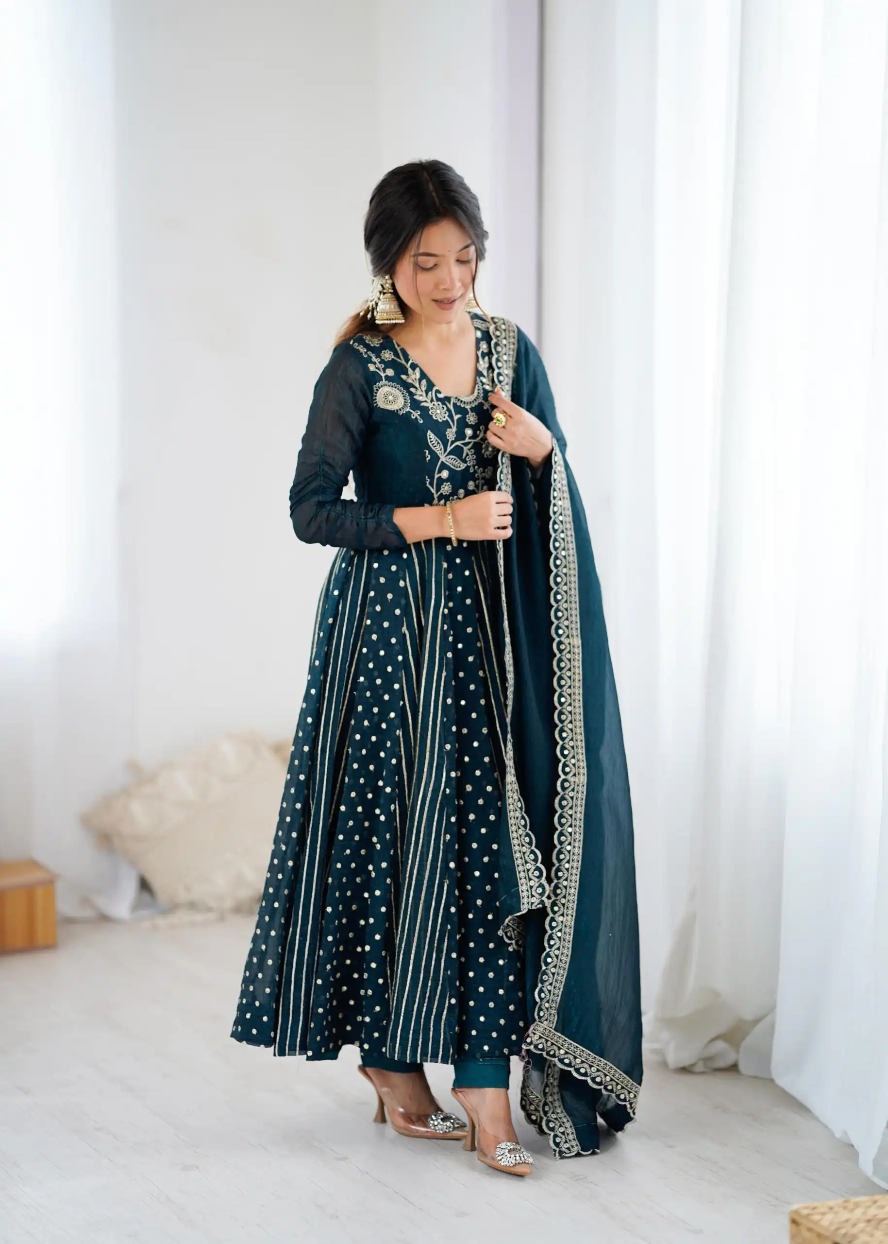 SRK 5293 Peacock Blue With Crunchy Silk With Fully Flair with Lace Work & Embroidery Work Anarkali Gown . Introductory Price ₹2149. Delivery 4-6 Worki | Gowns, Bollywood Gowns, Creative Gowns, Designer Gowns, Embroidered Gowns, Party Wear Gowns