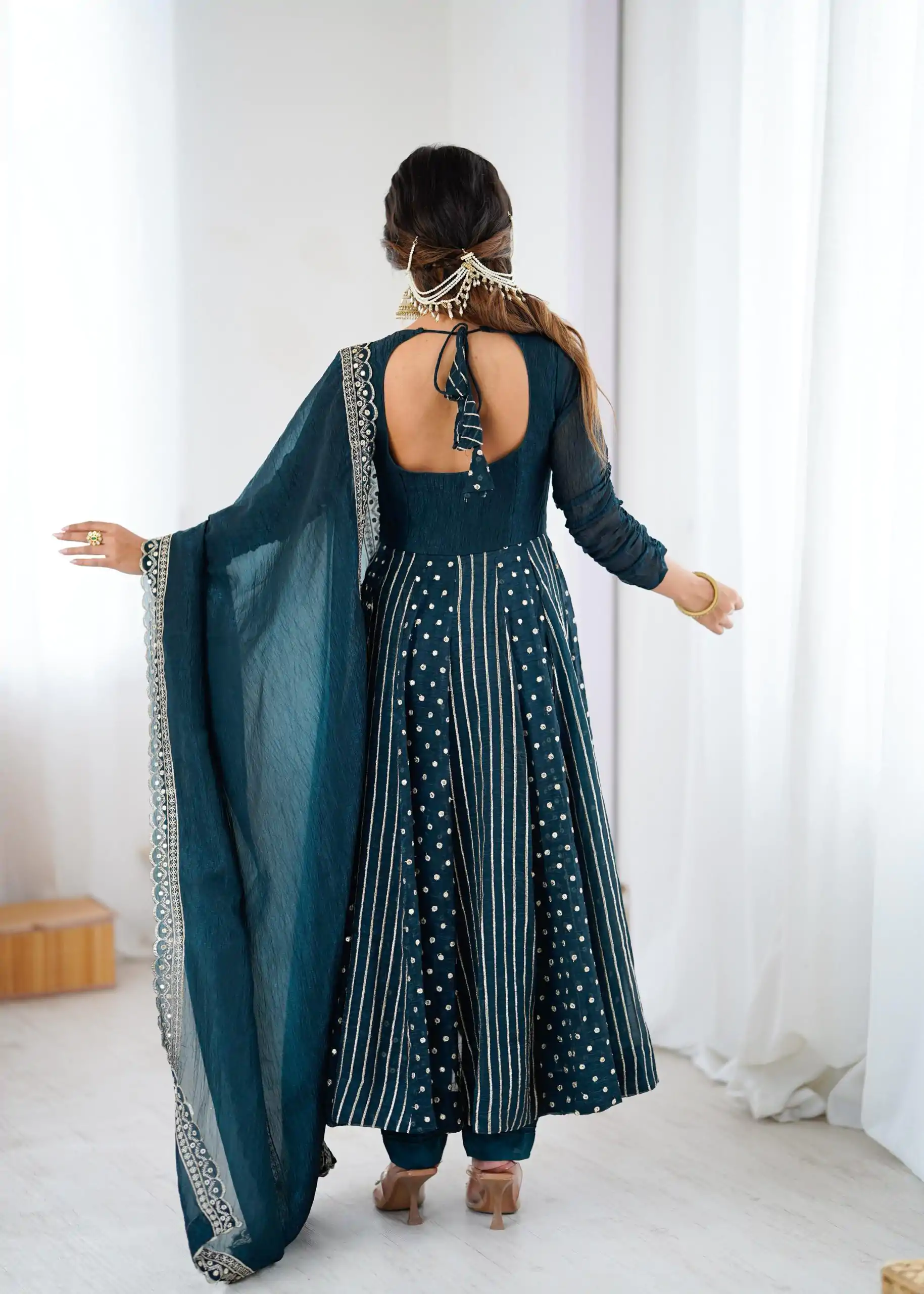 SRK 5293 Peacock Blue With Crunchy Silk With Fully Flair with Lace Work & Embroidery Work Anarkali Gown . Introductory Price ₹2149. Delivery 4-6 Worki | Gowns, Bollywood Gowns, Creative Gowns, Designer Gowns, Embroidered Gowns, Party Wear Gowns