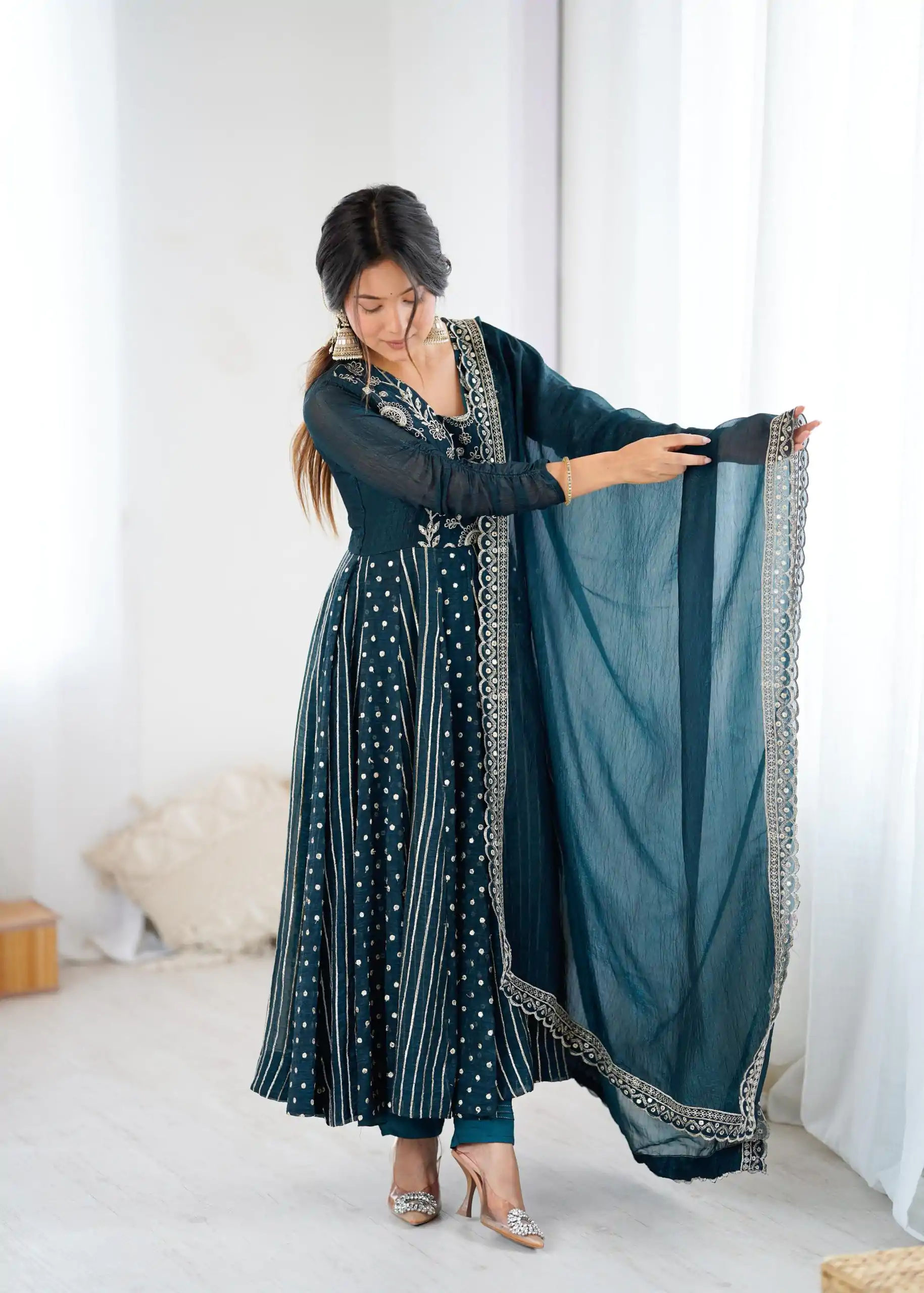 SRK 5293 Peacock Blue With Crunchy Silk With Fully Flair with Lace Work & Embroidery Work Anarkali Gown . Introductory Price ₹2149. Delivery 4-6 Worki | Gowns, Bollywood Gowns, Creative Gowns, Designer Gowns, Embroidered Gowns, Party Wear Gowns