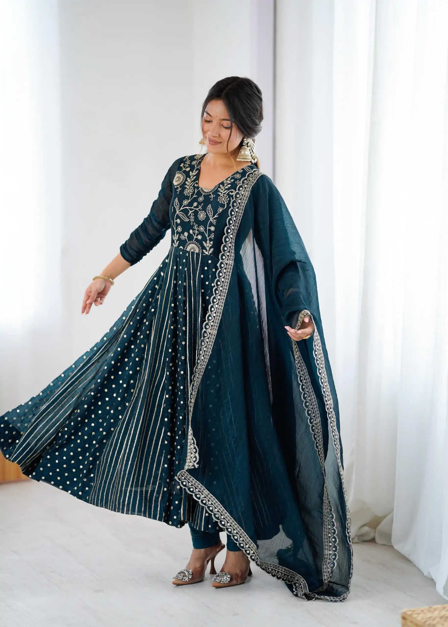 SRK 5293 Peacock Blue With Crunchy Silk With Fully Flair with Lace Work & Embroidery Work Anarkali Gown . Introductory Price ₹2149. Delivery 4-6 Worki | Gowns, Bollywood Gowns, Creative Gowns, Designer Gowns, Embroidered Gowns, Party Wear Gowns