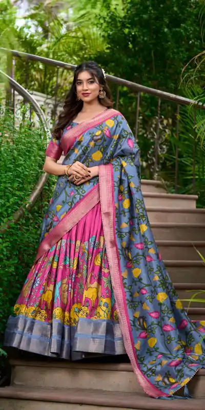 LNB 1222 Pink Dola Silk With Kalamkari Print & Zari Work Lehenga Choli . Grab it for ₹1899. Delivery 4-6 Working Days. Shop now. | Lehenga, Bollywood Lehenga, Creative Lehenga, Designer Lehenga, Embroidered Lehenga, Party Wear Lehenga