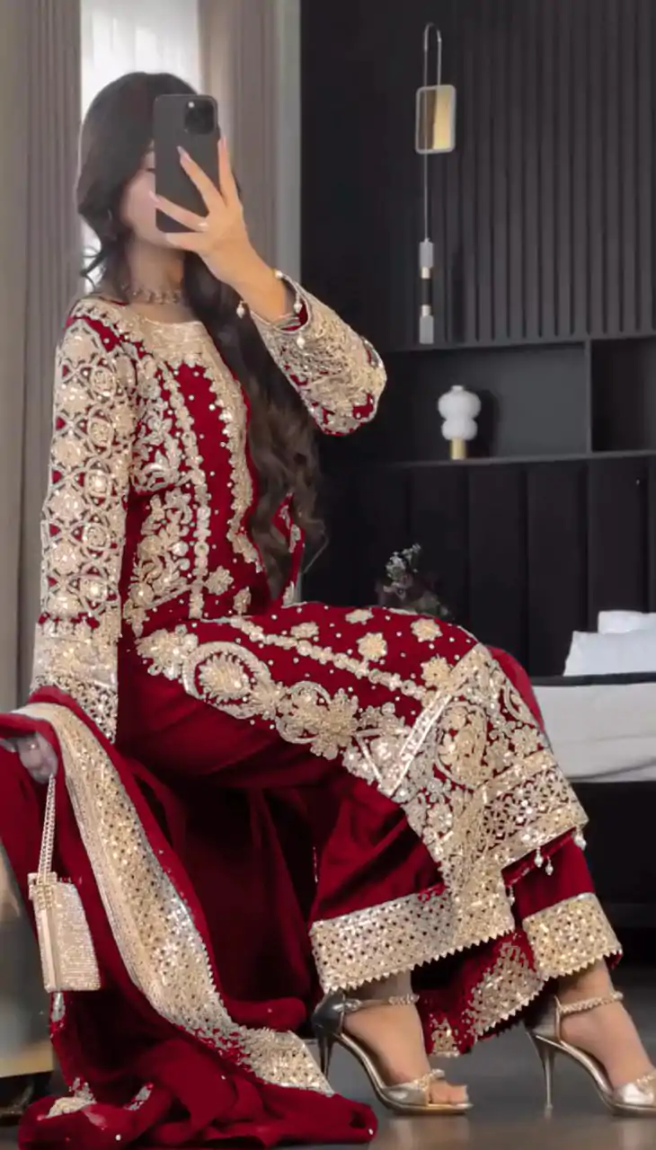 SR 1654 Maroon in Faux Georgette With Heavy Embroidery Sequence Work Wedding, Party, Festive, Events Special 4-6 Working Days At 2599/- Only | Jump Suits, Salwar suit, Casual Suits, Creative suits, Designer Suits, Palazzo Suits, Party Wear Suits, Patiala Suits, Straight Suits