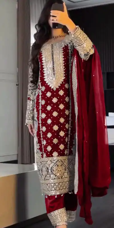 SR 1654 Maroon in Faux Georgette With Heavy Embroidery Sequence Work Wedding, Party, Festive, Events Special 4-6 Working Days At 2599/- Only | Jump Suits, Salwar suit, Casual Suits, Creative suits, Designer Suits, Palazzo Suits, Party Wear Suits, Patiala Suits, Straight Suits