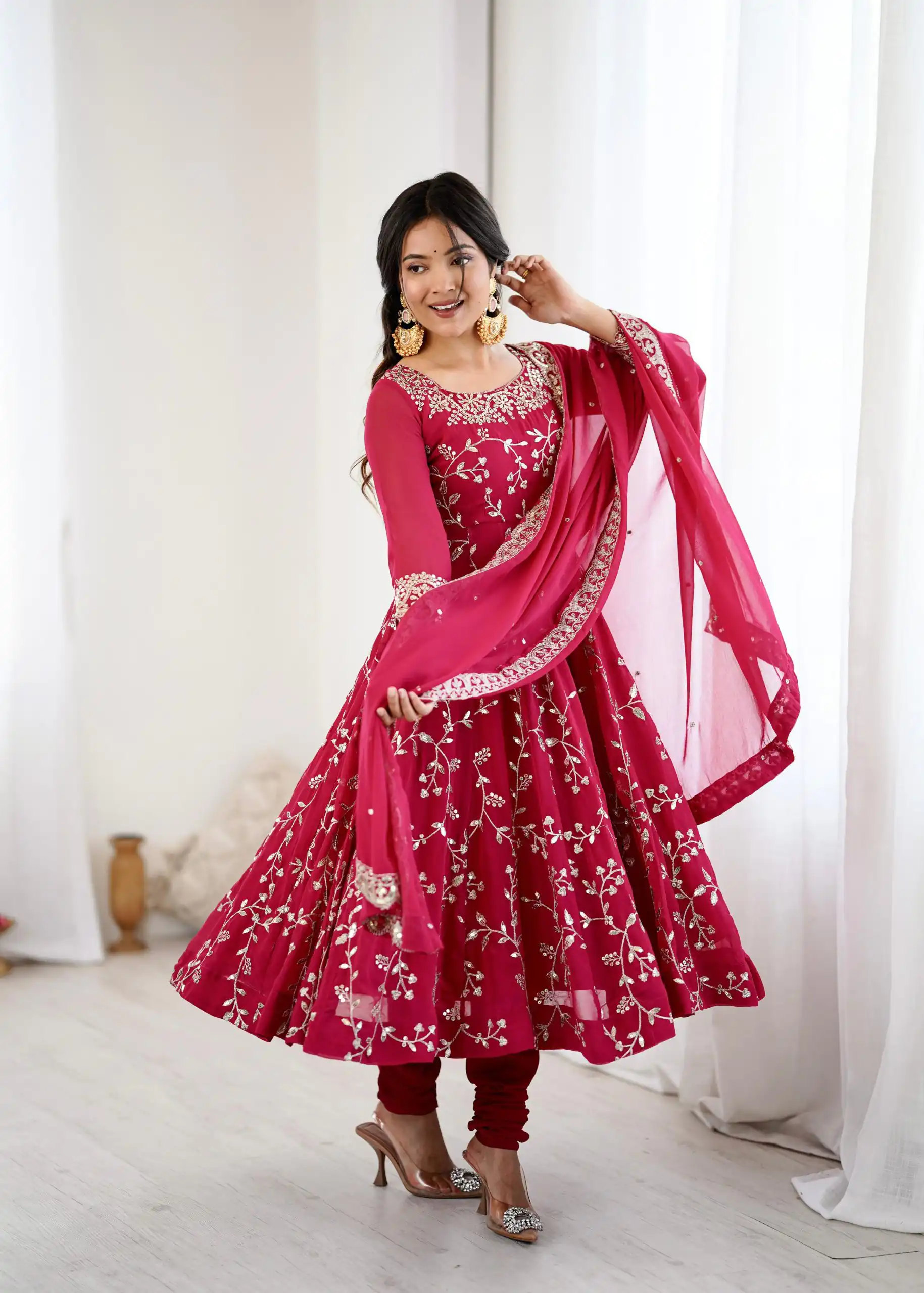 SRK 5299 Pink Faux Georgette With Sequence Work Perfect for Wedding, Party, Lohri, Temple Visit, Ganesh Chaturthi Festive, Events, 4-6 Working Days At 2149 | Gowns, Bollywood Gowns, Creative Gowns, Designer Gowns, Embroidered Gowns, Party Wear Gowns